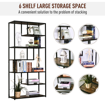 - HOMCOM 6 Tier Bookcase | Industrial Tall Shelf Unit | Steel Frame -