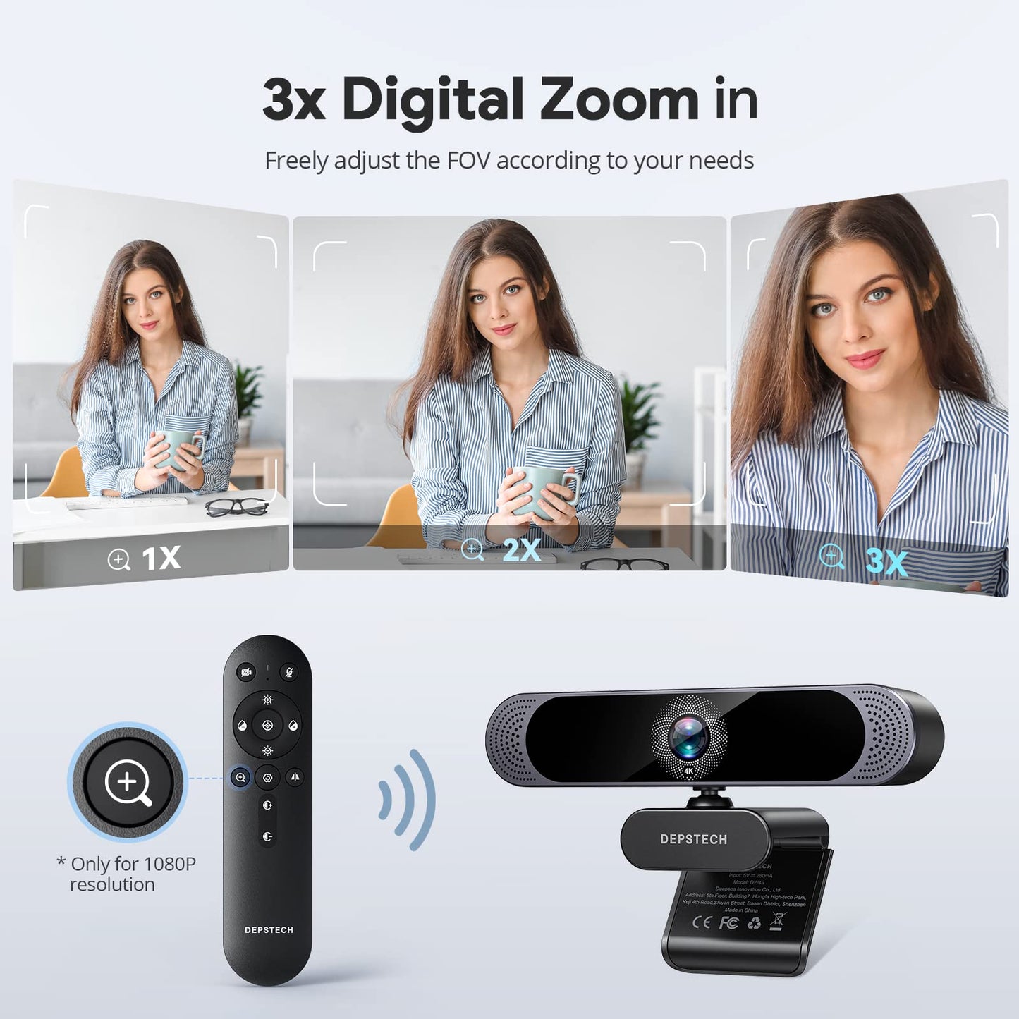 DEPSTECH 4K Webcam, Ultra HD 1/2.55'' Sony Sensor, 3x Digital Zoom, Dual Noise-Canceling Microphones, Remote Control, Auto Focus, Streaming Camera Webcam for PC, Laptop, Video Call, Zoom, Skype, Teams