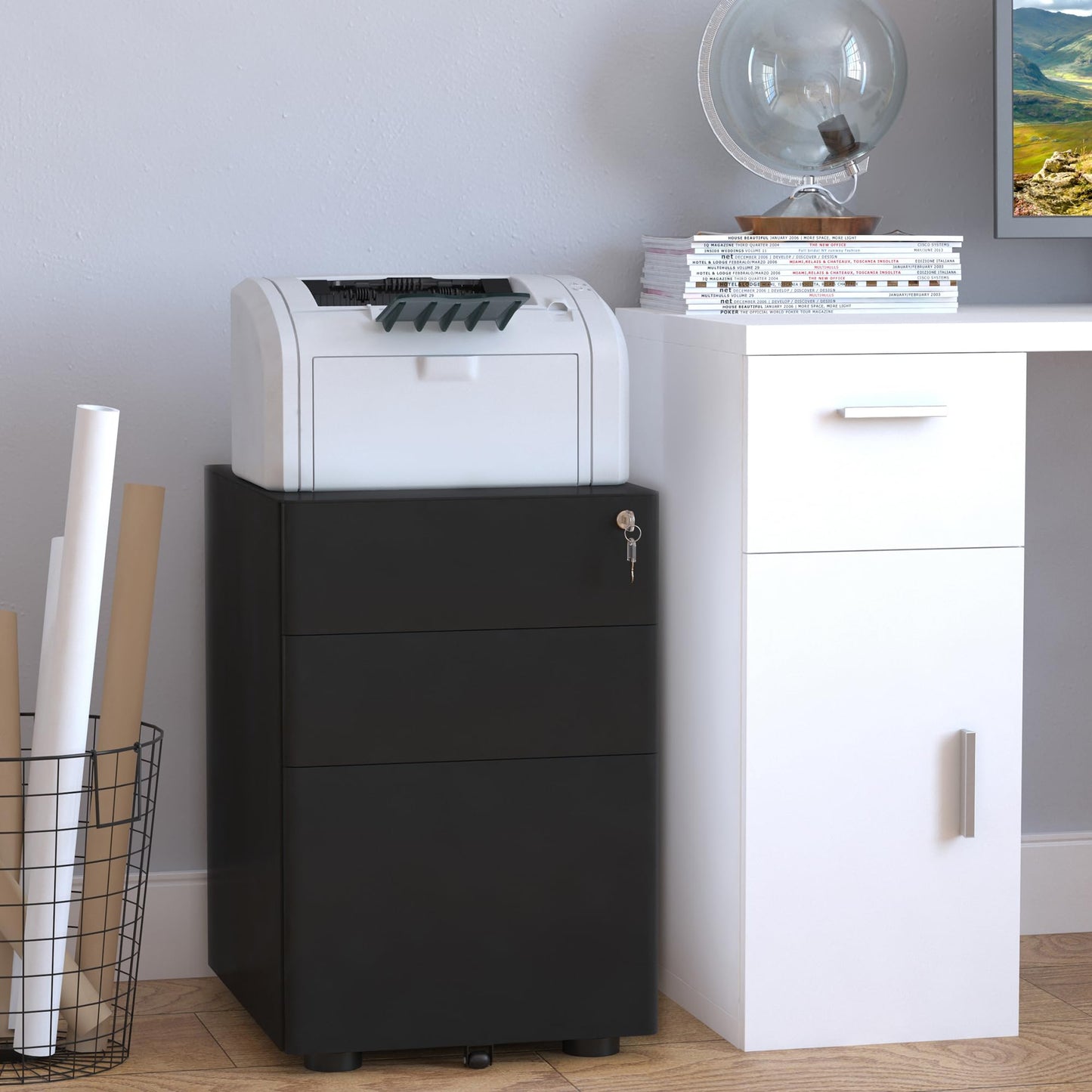 - Vinsetto Lockable File Cabinet with 3 Drawers, Steel Rolling Filing Cabinet with 5 Wheels -