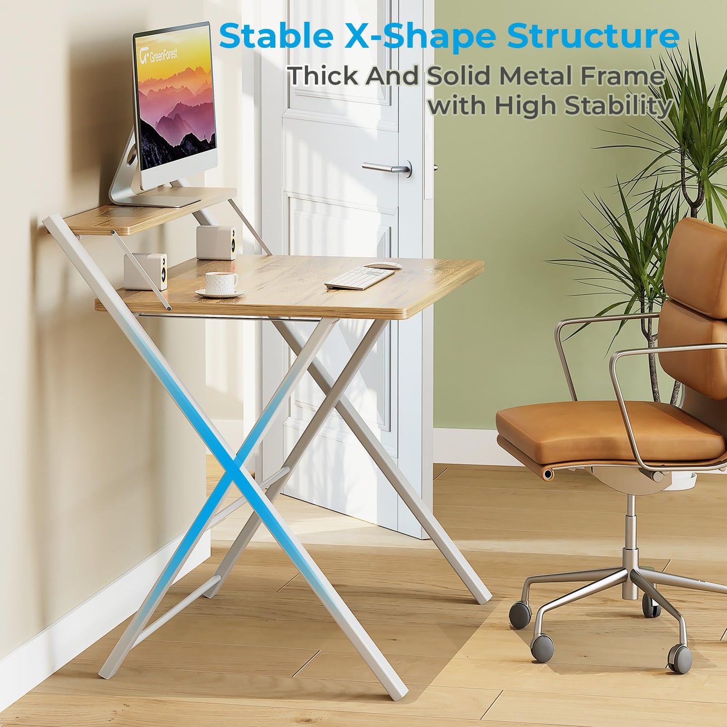 - GreenForest Folding Desk | Computer Desk | 2-Tier Shelf Laptop Foldable Table -