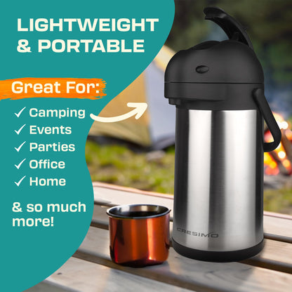 2.2L Coffee Carafe Hot Water Flask | Stainless Steel Pump Tea Flasks for Hot Drinks to Keep Drinks 12 Hours Hot / 24 Hours Cold | Insulated Tea Dispenser, Lab Tested Thermal Teapot - Cresimo