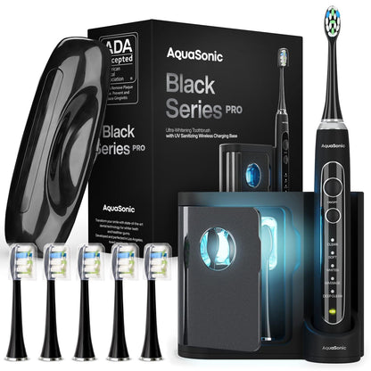 Aquasonic Black Series PRO Ultra Whitening Toothbrush w UV Sanitizing Base 4 Modes & Smart Timers UV Sanitizing & Charging Travel Case Electric Tooth Brush 6 Proflex Brush Heads