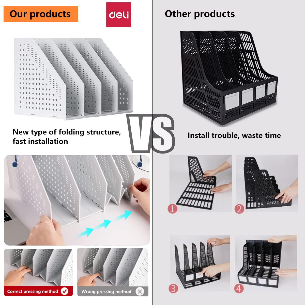 Deli A4 File Holder Folding Bookshelf,1 Year Warranty,4 Vertical Compartments magazine file holder,Desk Organizer Document Folder for Office Organization and Storage (Light gray)