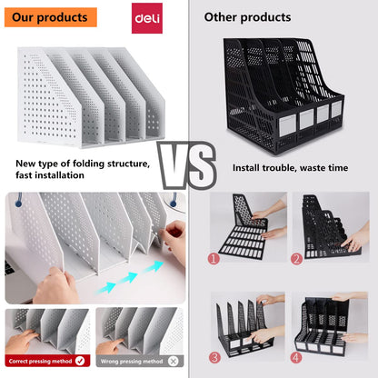 Deli A4 File Holder Folding Bookshelf,1 Year Warranty,4 Vertical Compartments magazine file holder,Desk Organizer Document Folder for Office Organization and Storage (Light gray)