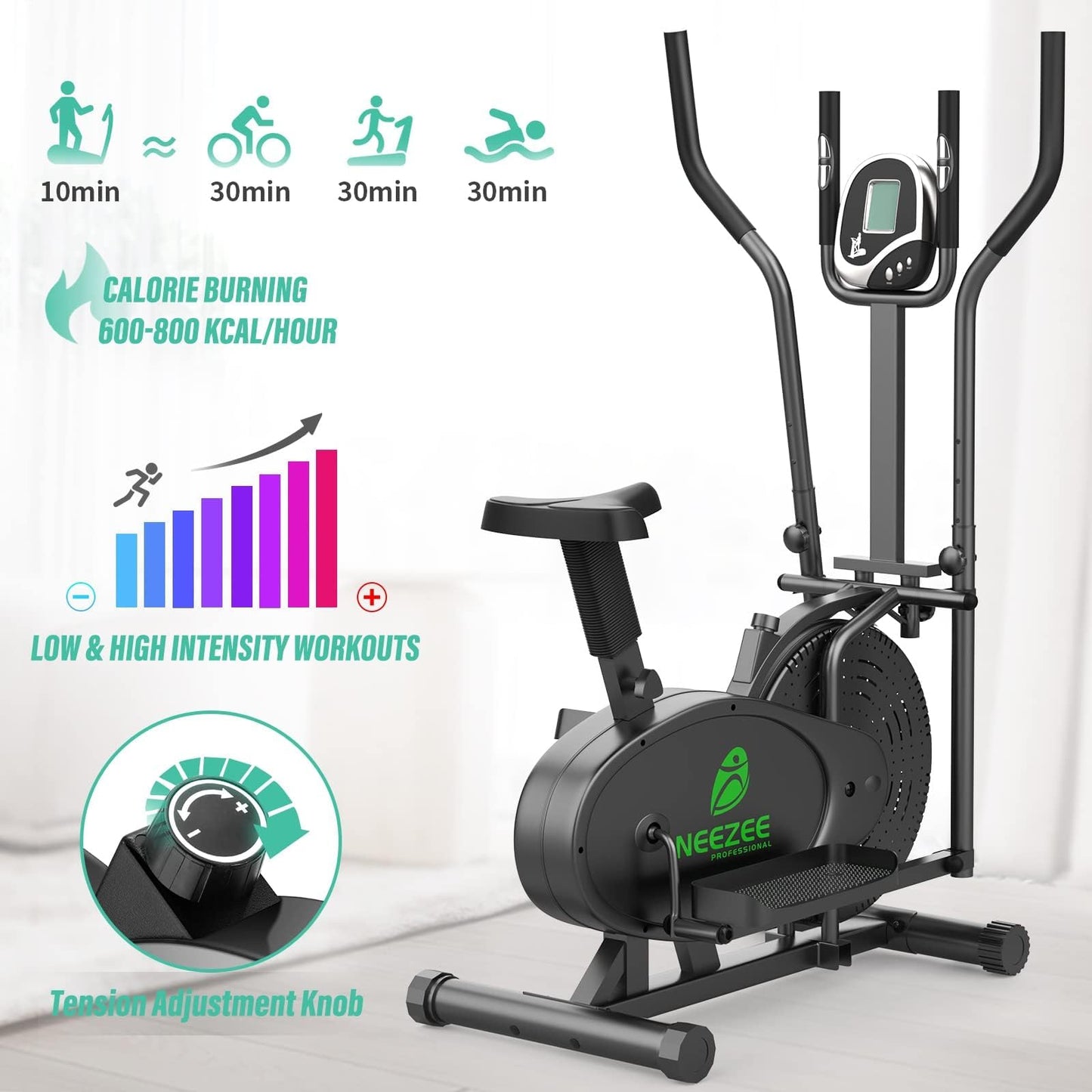 Cross Trainer, 2 in 1 Elliptical Cross Trainers with LCD Monitor, Upgraded Adjustable Resistance, Max Weight 265LBS, Cross Trainer Exercise Machine for Home Gym, Black