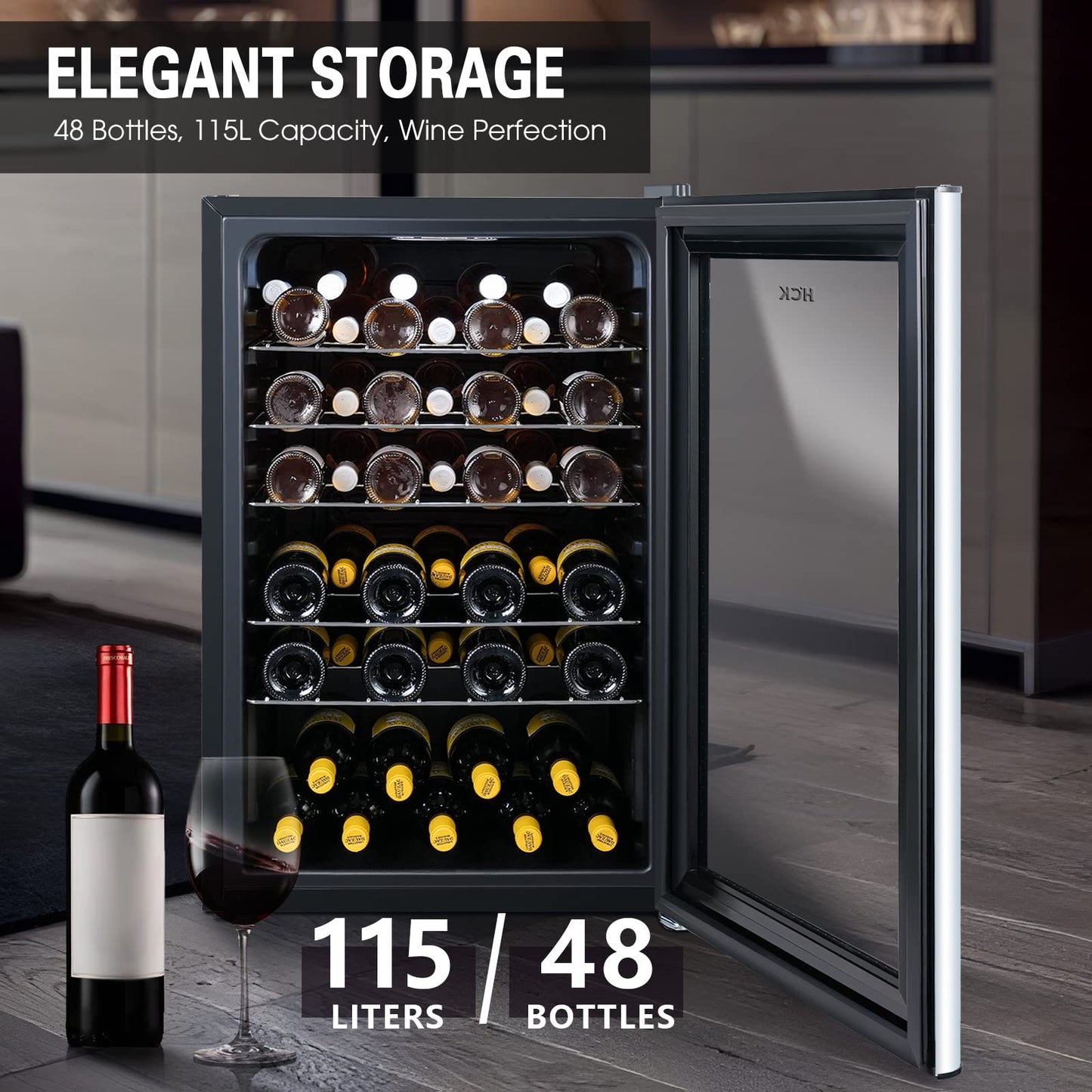 - HCK 115L Wine Cooler with Glass Door 48 Bottles | Freestanding Undercounter Fridge | Quiet Wine Fridges Beer Drinks Cabinet | 4-22°C Temperature Control with Digital Touch Screen -