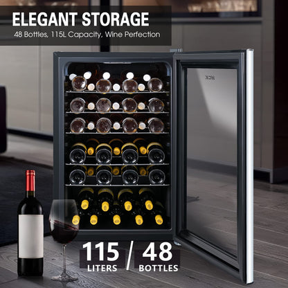 - HCK 115L Wine Cooler with Glass Door 48 Bottles | Freestanding Undercounter Fridge | Quiet Wine Fridges Beer Drinks Cabinet | 4-22°C Temperature Control with Digital Touch Screen -