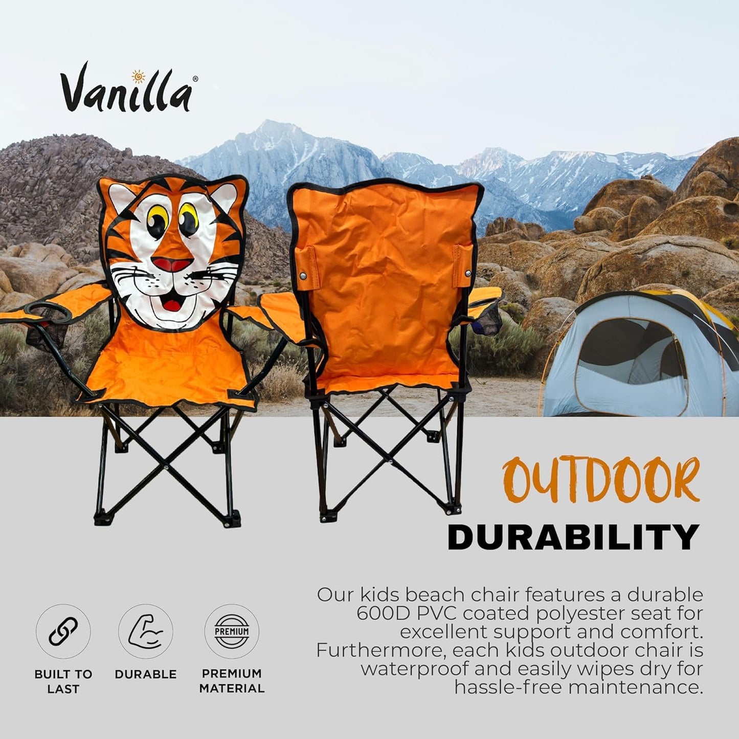 - Kids Camping Chair Tiger Kids Garden Chair | Toddler safety lock Durable & Lightweight -