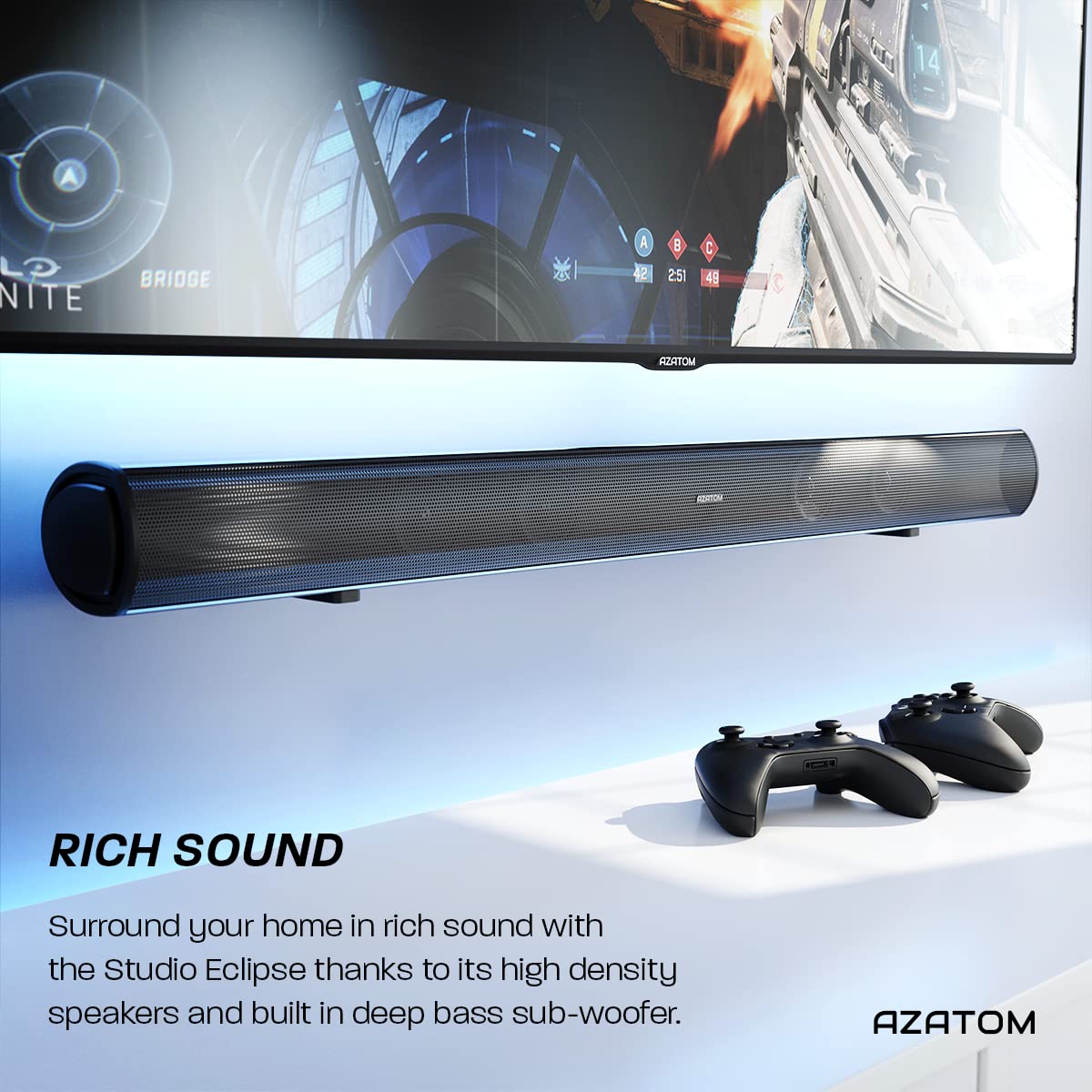 AZATOM Studio Eclipse Soundbar 2.1 with built-in Subwoofer, Surround Sound, 180W Bluetooth Wireless, Large Remote Control,Optical Cable included (36inch)