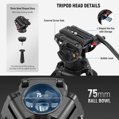 - NEEWER 74 Inch Pro Video Tripod | Fluid Head | QR Plate Compatible -