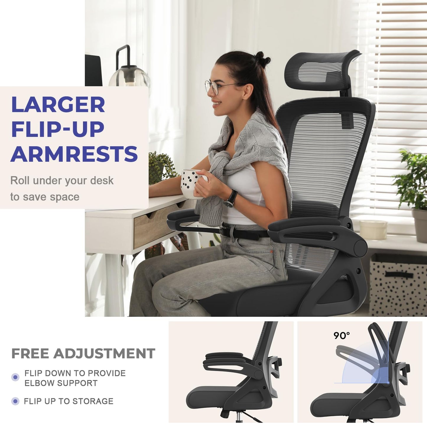 BareTay Office Chair Ergonomic Desk Chair with Adjustable Pillow Lumbar Support,Padded Flip-up Armrests,Headrest,Comfy Seat Cushion Mesh Office Desk Chair High Back Task Chair Swivel Computer Chair
