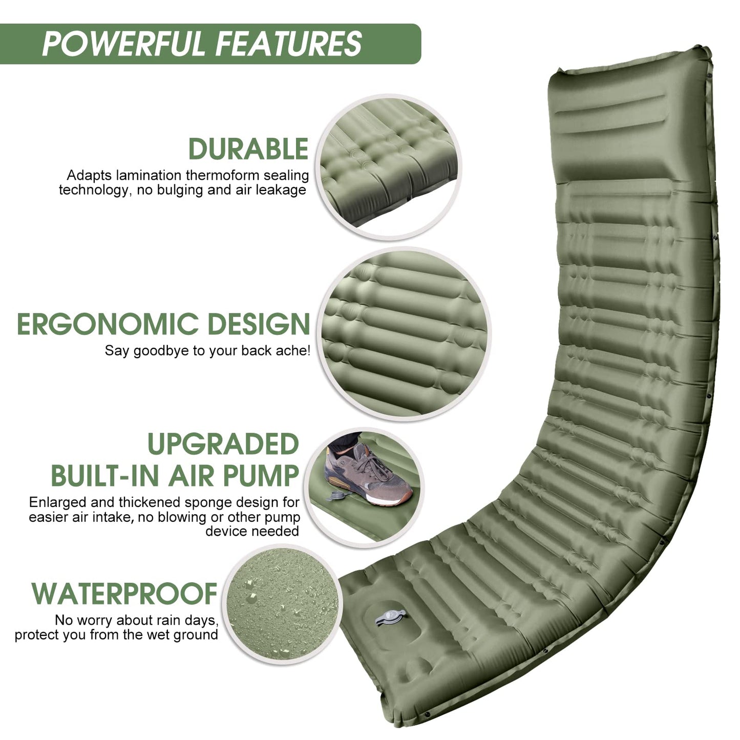 Arlierss Inflating Camping Mat, Ultralight Sleeping Pad with Pillow 12cm Waterproof Self Inflating Mattress Built-in Pump for Outdoor Backpacking Hiking Travelling