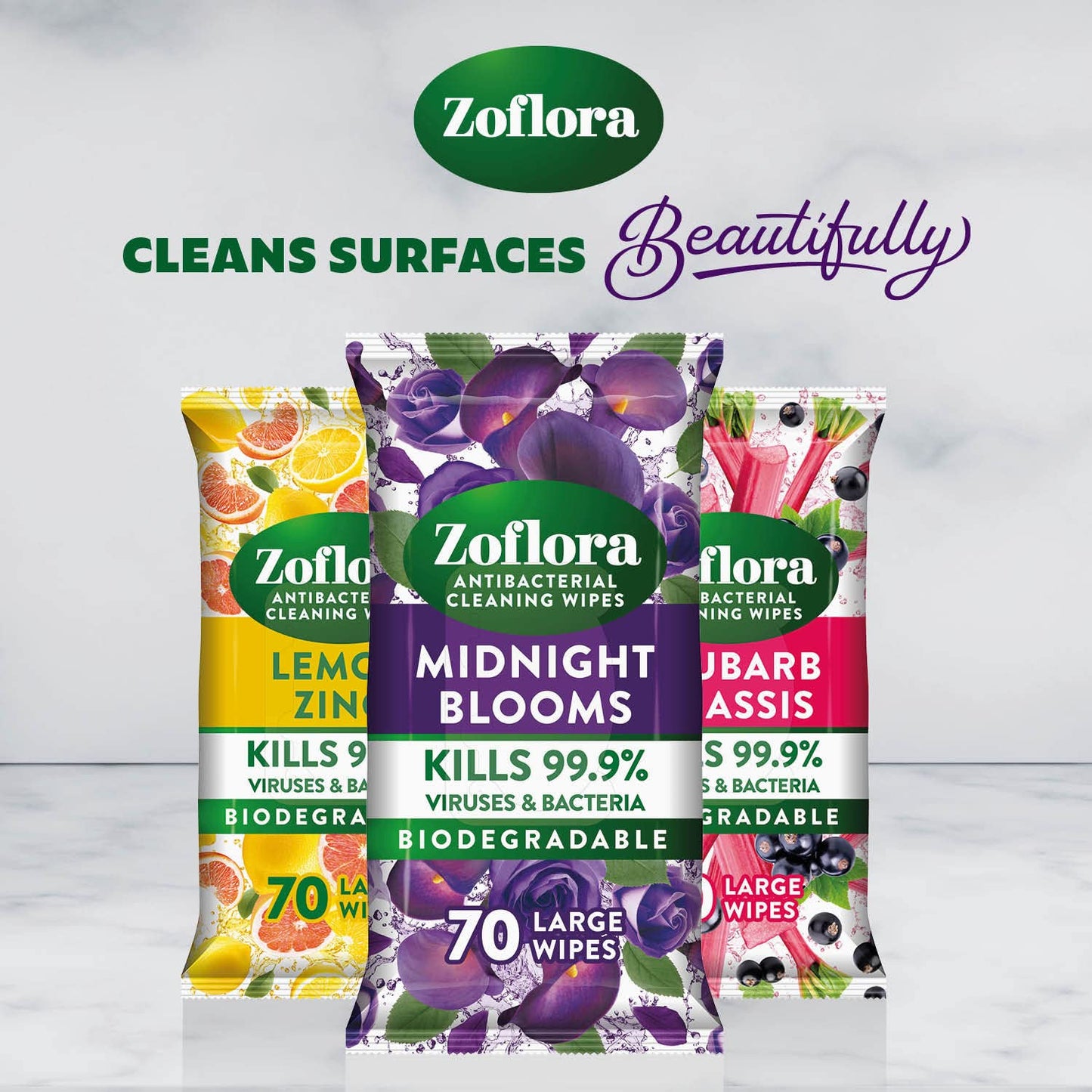- Zoflora Midnight Blooms Biodegradable Wipes, Antibacterial Multi-surface Cleaning Wipes, Kills 99,9% of Bacteria & Viruses, Convenient, Quick Cleaning, 6 Pack, 70 Wipes per Pack (420 Sheets)