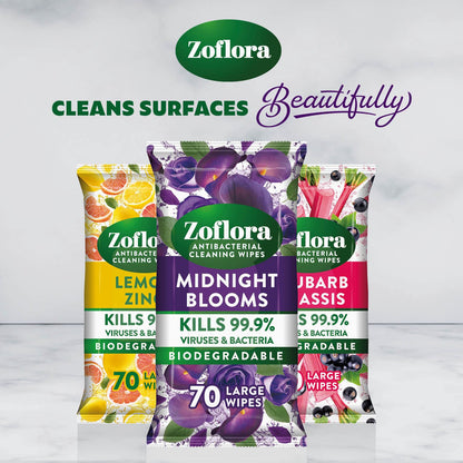 - Zoflora Midnight Blooms Biodegradable Wipes, Antibacterial Multi-surface Cleaning Wipes, Kills 99,9% of Bacteria & Viruses, Convenient, Quick Cleaning, 6 Pack, 70 Wipes per Pack (420 Sheets)