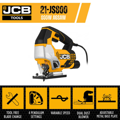 - JCB 240V Corded Jigsaw | 4 Pendulum Settings & Tool Free Blade Change | Variable Speed & Built in Dust Blower | Cutting Capacity of 100mm for Wood and 10mm for Metal | 800W -