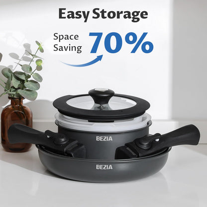 BEZIA Induction Hob Pans Set, Nonstick Pots and Pans Set 10 Pieces, Saucepan Sets with Detachable Handles, Stackable Cookware Set for All Hobs