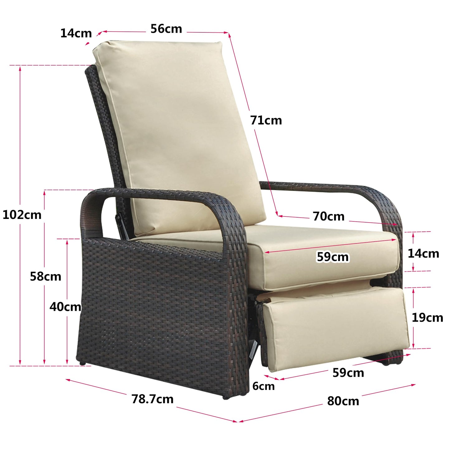 ATR ARTTOREAL Garden Recliner Chair,Patio Reclining Rattan Adjustable Position Height Armchair with Footrest and Backrest,Aluminum Frame,Brown Hand-woven Wicker,Khaki Color