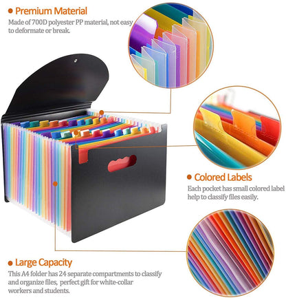 - File Organisers | Supmaker 24 Pockets Expanding File Folder | A4 Size Accordion Folder Expandable File Organiser with Lid | Rainbow Document Organiser for Filing Folders and Storage Files -