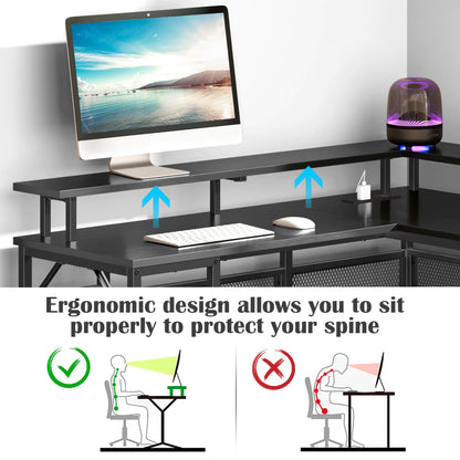 -Yornoli L Shaped Gaming Desk with Led Lights＆Power Outlet, 140cm Corner Gaming Desk for Home Office Computer Desk with Monitor Stand & Storage Shelves, Black