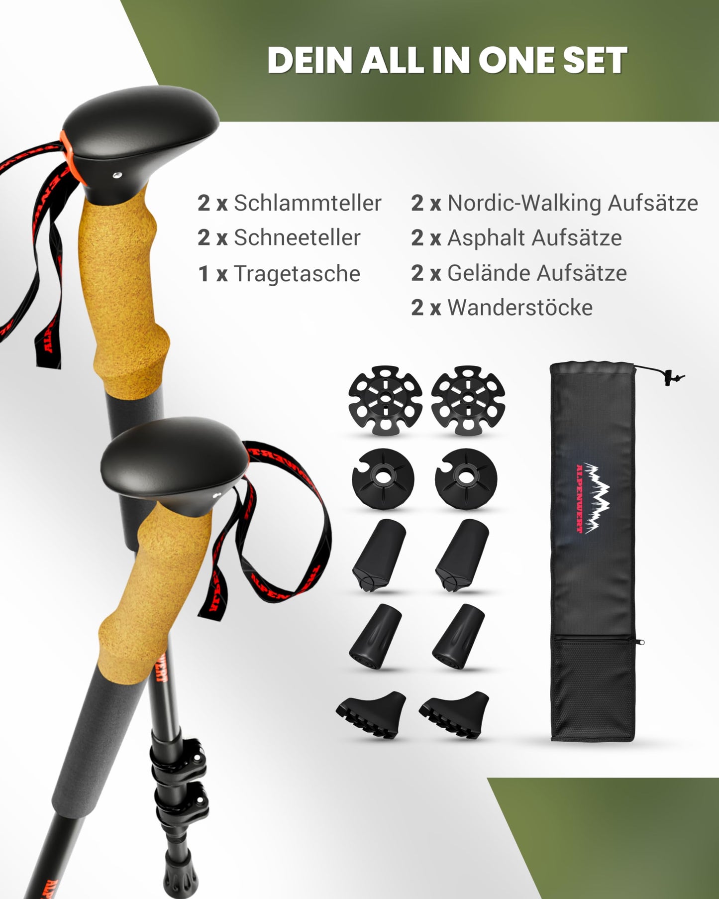 ALPENWERT Hiking Poles [Carbon & Aluminium] Walking Poles for Men and Women - Telescopic Trekking Poles with Cork Handle for Hiking, Nordic Walking and Ski Touring (Aluminium)