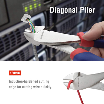 - WORKPRO 5-Piece Pliers Set, Includes 250nn Water Pump Plier, 200mm Combination Plier, 200mm Long Nose Plier, 180mm Diagonal Cutter, 200mm Adjustable Wrench, with Soft Grip Handles