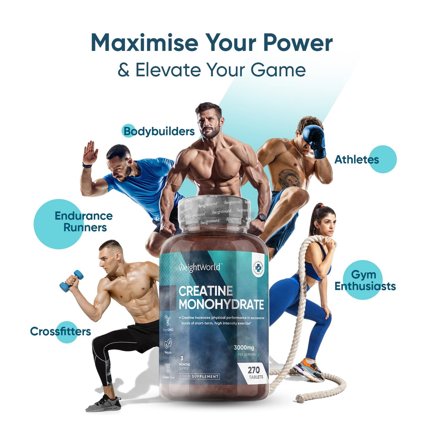 Creatine Monohydrate 3000mg - 270 Tablets - Gym Energy Supplement for Men & Women for Workout - Powder Alternative - Vegan & Keto Unflavoured