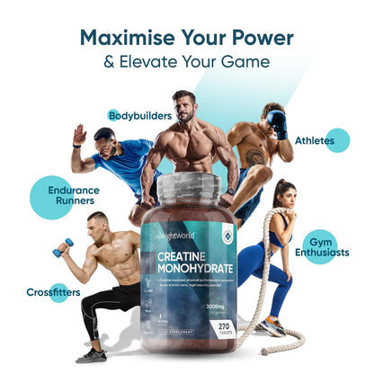Creatine Monohydrate 3000mg - 270 Tablets - Gym Energy Supplement for Men & Women for Workout - Powder Alternative - Vegan & Keto Unflavoured