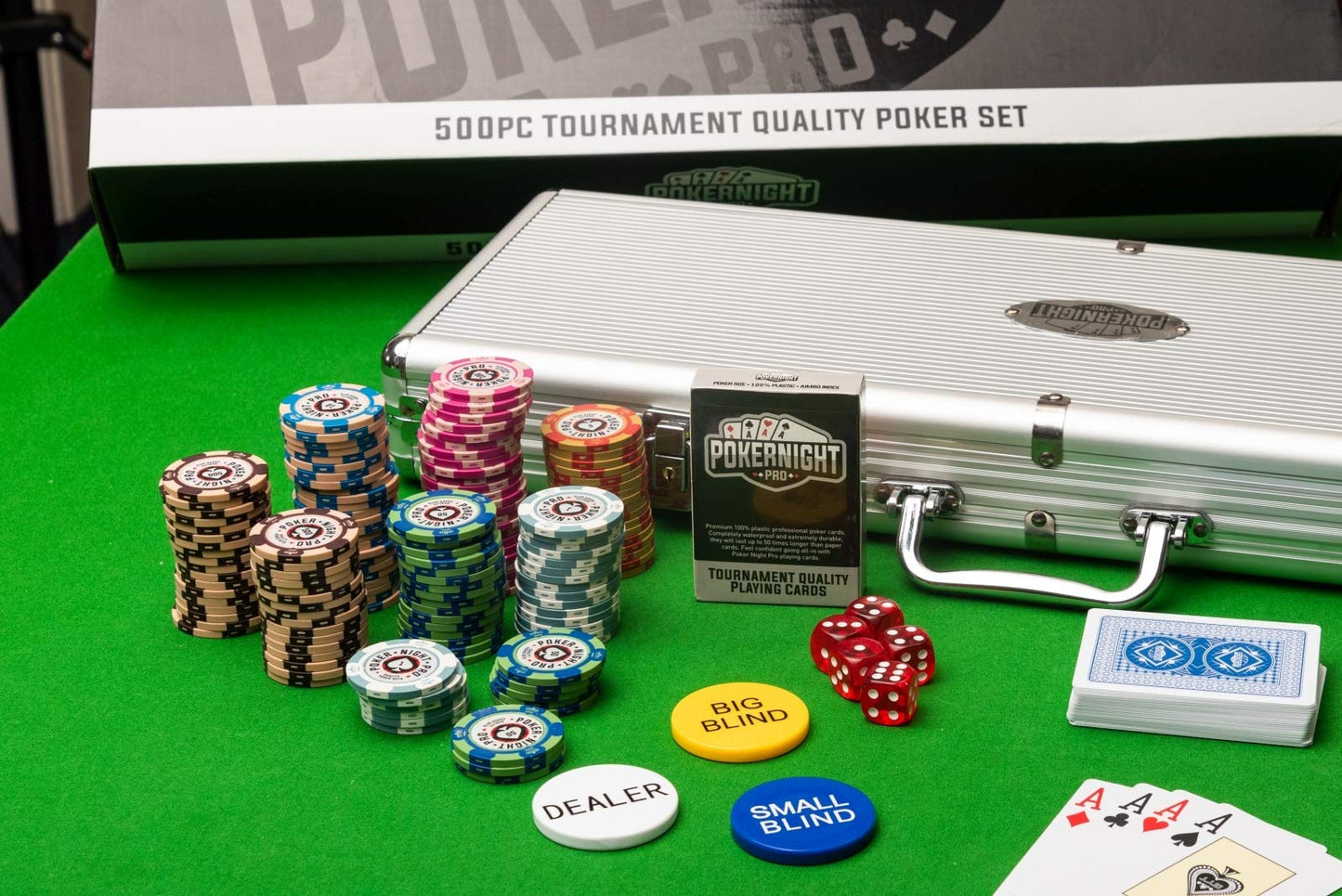 - Poker Night Pro 500 Piece Texas Hold Em Poker Set | Aluminium Case and Gift Box | Metal-Core -