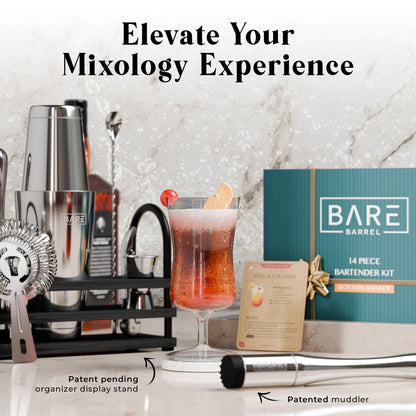 BARE BARREL® Cocktail Making Kit | 14-Piece Bartender Kit Cocktail Shaker Set Maker | Bamboo Display Stand & 35 Recipe Cards | Mixology Cocktail Gift Set (800ml/28oz Boston Shaker, Silver Black)