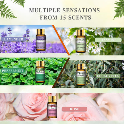 - PHATOIL Essential Oils Set (15Pcs Oils | Pure Lavender,Eucalyptus,Jasmine,Lemongrass,Sweet Orange,Sandalwood,Peppermint,Vanilla,Rose,Lemon,Ylang Ylang,Chamomile,Tea Tree,Cinnamon,Rosemary