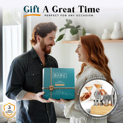 BARE BARREL® Cocktail Making Kit | 14-Piece Bartender Kit Cocktail Shaker Set Maker | Bamboo Display Stand & 35 Recipe Cards | Mixology Cocktail Gift Set (800ml/28oz Boston Shaker, Silver)