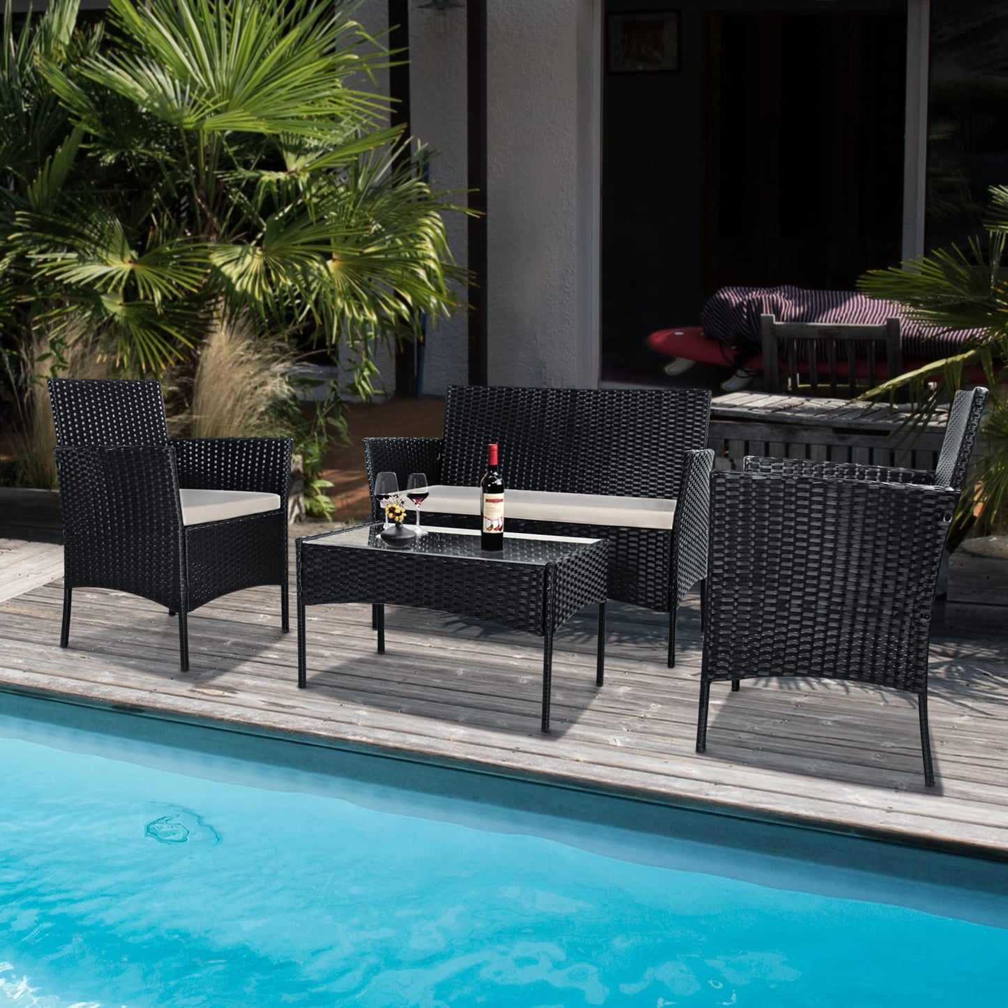 bigzzia Rattan Garden Furniture Set, 4 piece Patio Rattan furniture sofa Weaving Wicker includes 2 Armchairs,1 Double seat Sofa and 1 table