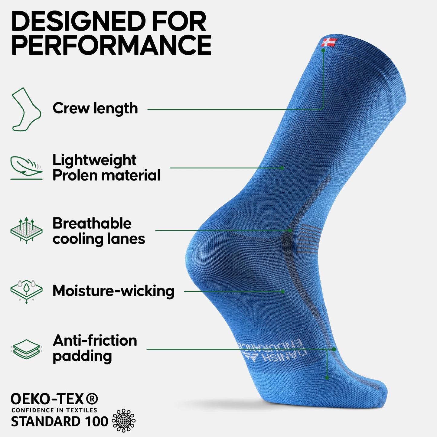 DANISH ENDURANCE Performance Crew Cycling Socks, Cushioned Bike Socks, 3 Pack for Men and Women, Blue, 6-8