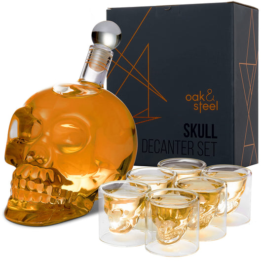- Oak & Steel | Skull Glass Decanter | 6 Skull Glass Shot Glasses -