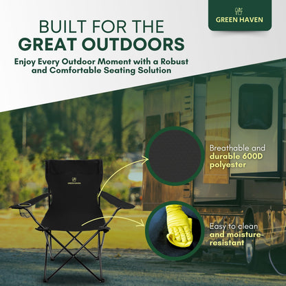 - Green Haven Camping Folding Chair | Black Lightweight Chair | 600D Polyester & Rip Stop | Heavy Duty Steel Frame Arm Chair with Cup Holder | Portable Chair for Outdoor & Camping -