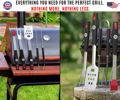BBQ Tools Sets - Premium Barbecue Utensils - 4 Piece Grill Kit: Spatula, Tongs, Fork and Basting Brush - Best Heavy Duty Stainless Steel Case BBQ Accessories for Him - 10 Year Warranty