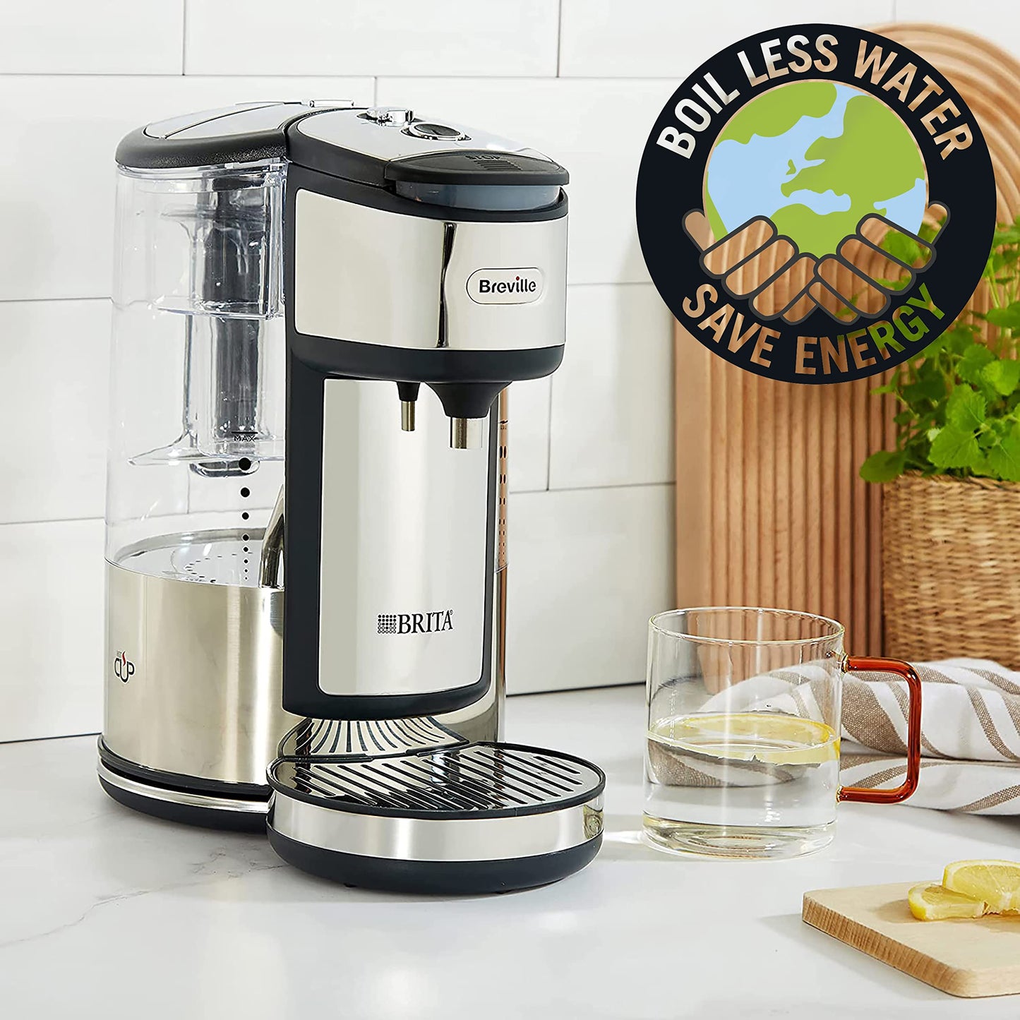 Breville BRITA HotCup Hot Water Dispenser, Integrated Water Filter, 1.8L with 3kW Fast Boil & Variable Dispense, Energy-efficient use, Stainless Steel [VKJ367], Silver/Black