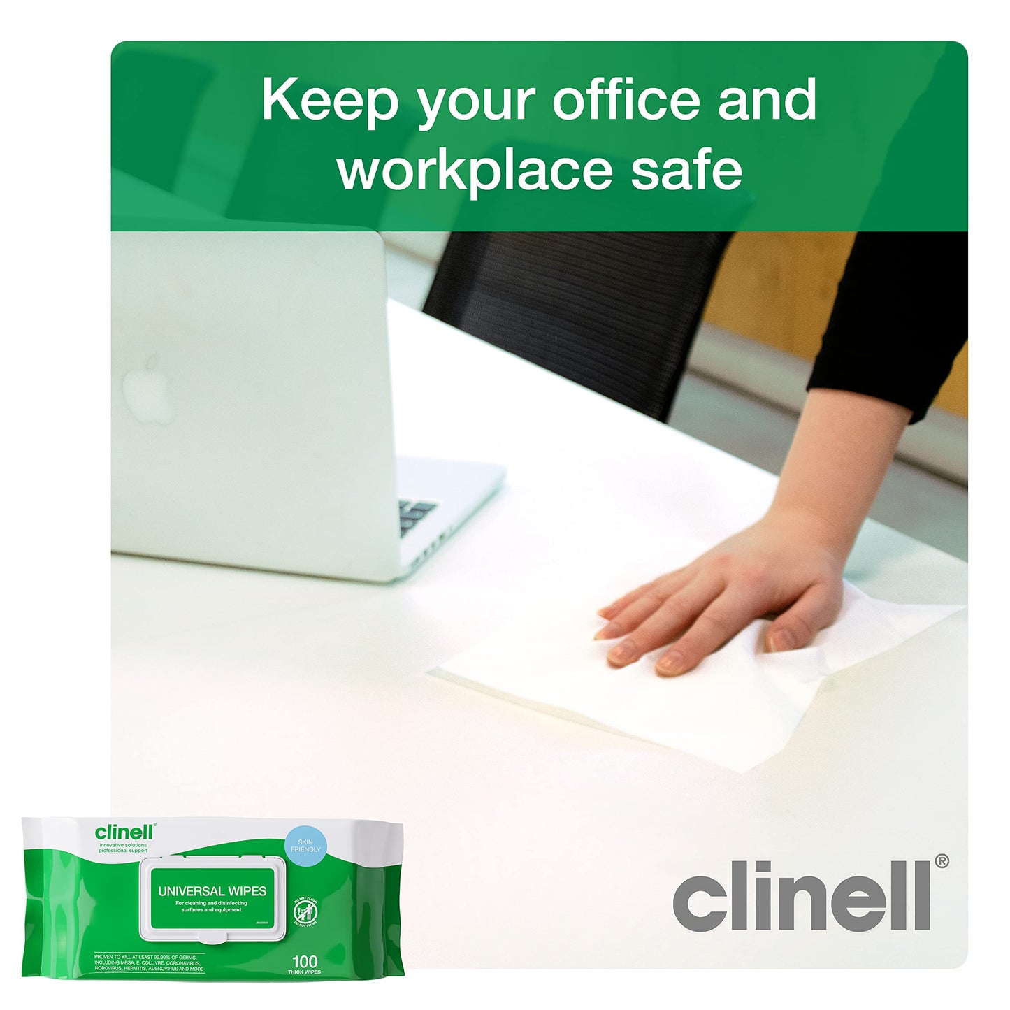 Clinell Universal Cleaning and Disinfectant Wipes for Surfaces - Pack of 100 Thick Wipes - Multi Purpose Wipes, Kills 99.99% of Germs, Quick Action - 255mm x 175mm