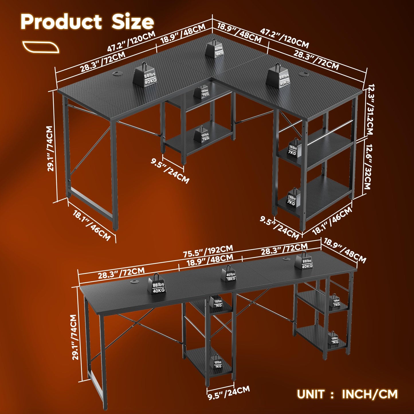 Bestier 192CM Reversible L Shaped Desk with Shelves 120CM Industrial Corner Desk Long Stable Computer Workstation with 2 Cable Holes