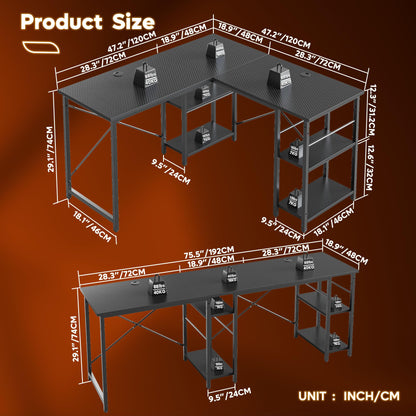 Bestier 192CM Reversible L Shaped Desk with Shelves 120CM Industrial Corner Desk Long Stable Computer Workstation with 2 Cable Holes
