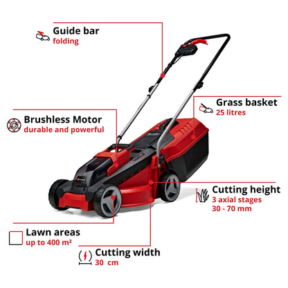 - Einhell Power X-Change 18/30 Cordless Lawnmower With Battery and Charger | 18V | Brushless Motor | 30cm Cutting Width | 25L Grass Box | 3 Cutting Heights -