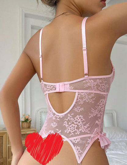 Aranmei Women's Lingerie Sets Sexy Lace Bodysuit with Stockings Floral Lace Garter Lingerie Underwear Outfits Teddy Babydolls with Thigh High(Pink,L)