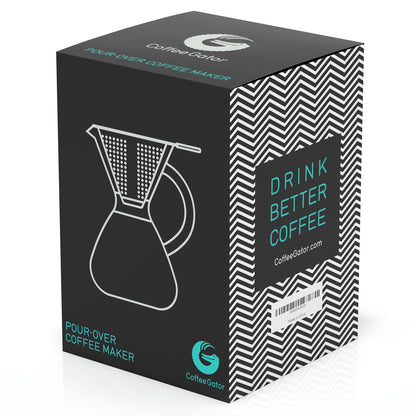 Coffee Gator Pour Over Coffee Maker – Stainless Steel Filter & Glass Dripper - Paperless Hand-Drip Brewer - Eco Friendly - Kitchen & Housewarming Gifts - 800ml