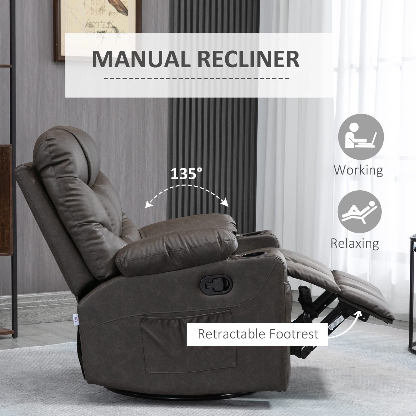 - HOMCOM Manual Recliner Chair | Overstuffed PU Leather Recliner Armchair | Footrest | Cup Holders | Side Pockets | 360° Swivel -