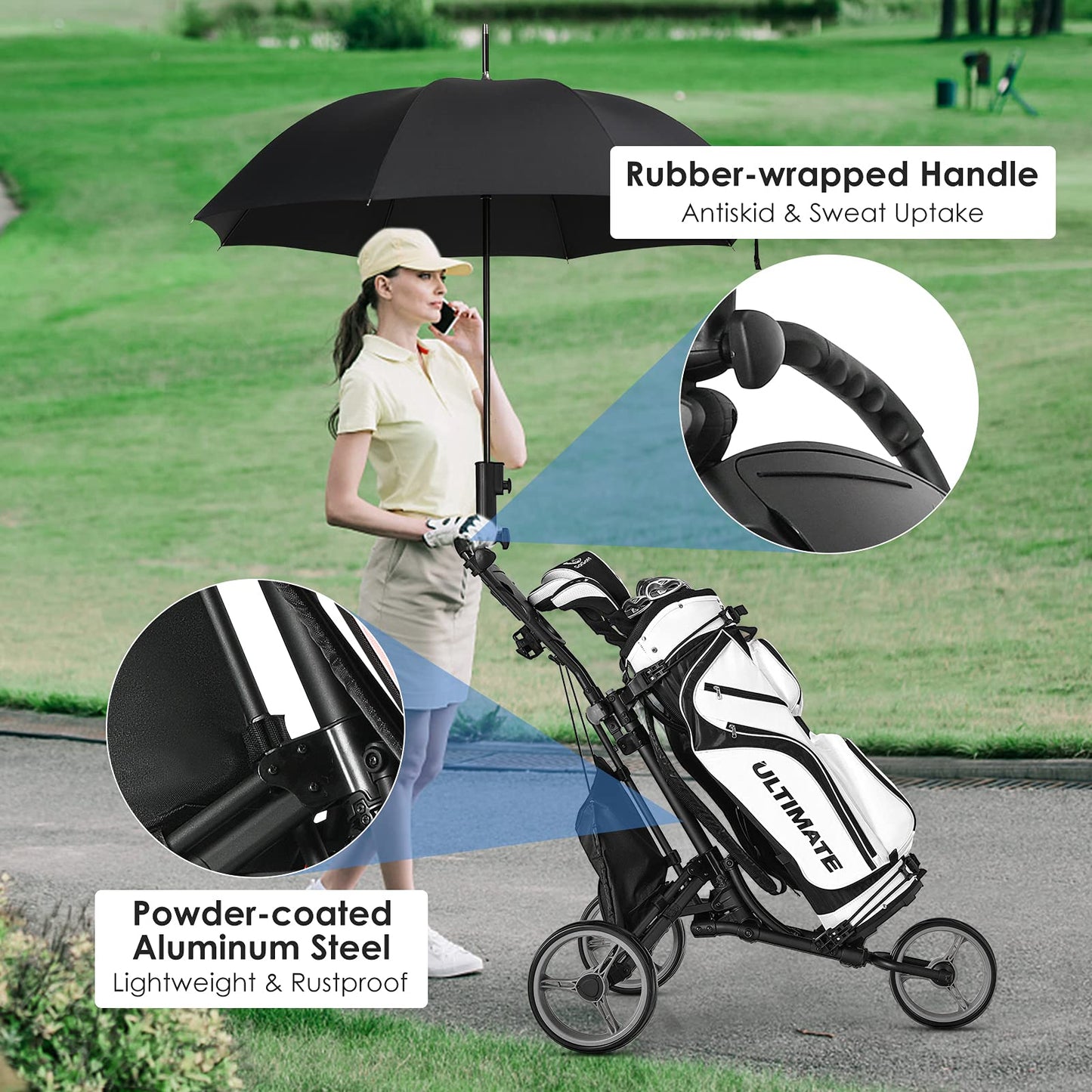- GYMAX 3 Wheels Golf Push Pull Cart | Lightweight Height Adjustable Golf Trolley -