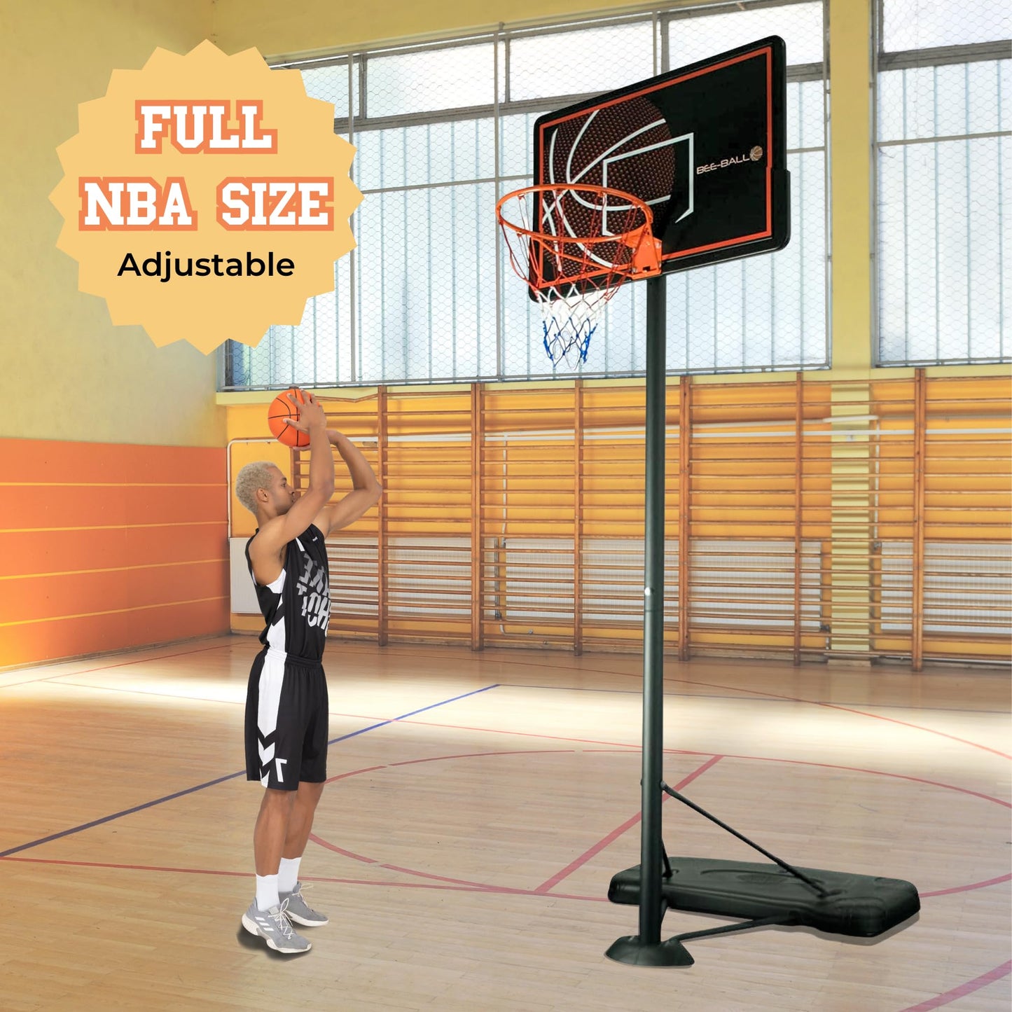 BEE-BALL Pro Bound ZY-015 Full NBA Size 10ft Adjustable Basketball hoop and stand | Outdoor Basketball Backboard and Basketball Net Hoop for Adults/Kids| (3.05m)