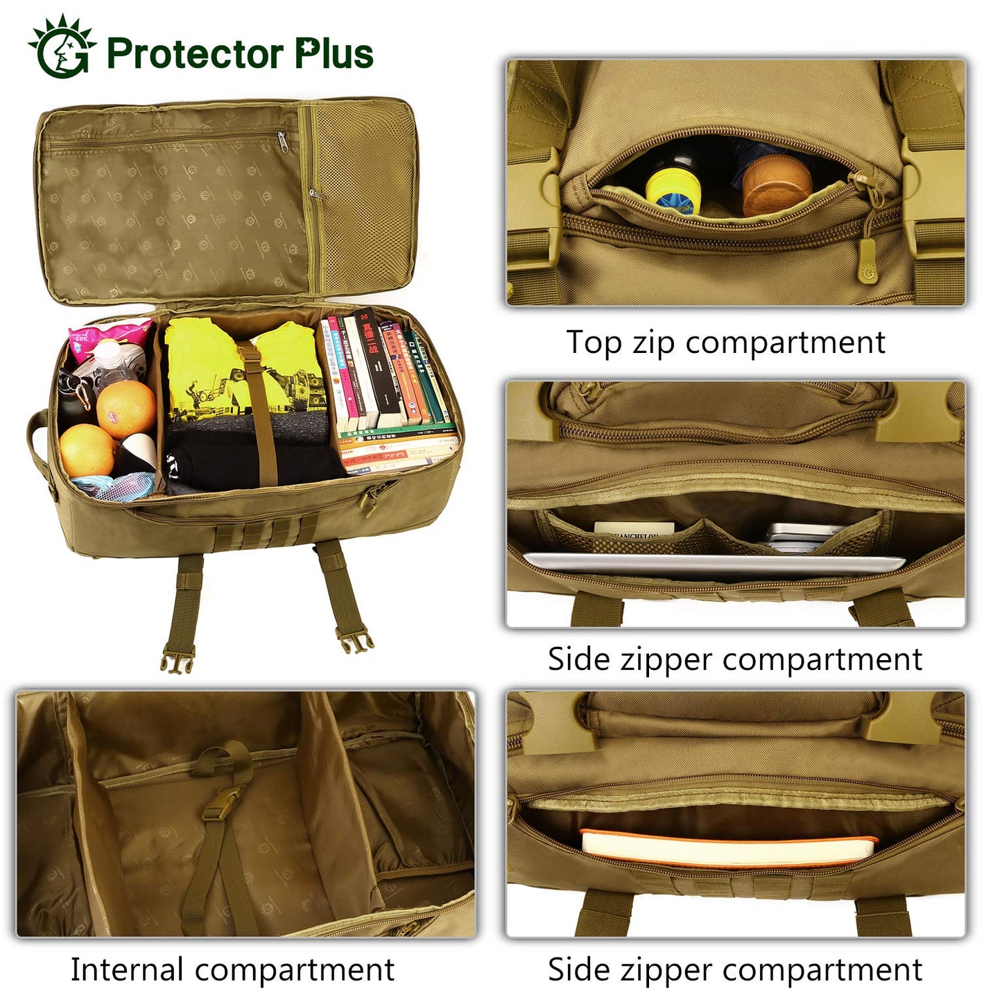 - Protector Plus Tactical Travel Backpack | 60L | Military MOLLE Duffel Bag | Brown -