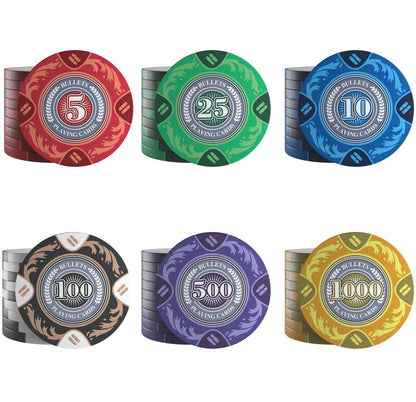 Bullets Playing Cards 'Tony' Poker Set with 300 Clay Poker Chips - including Ceramic Dealer Button, Double Pack of Bullets Poker Cards