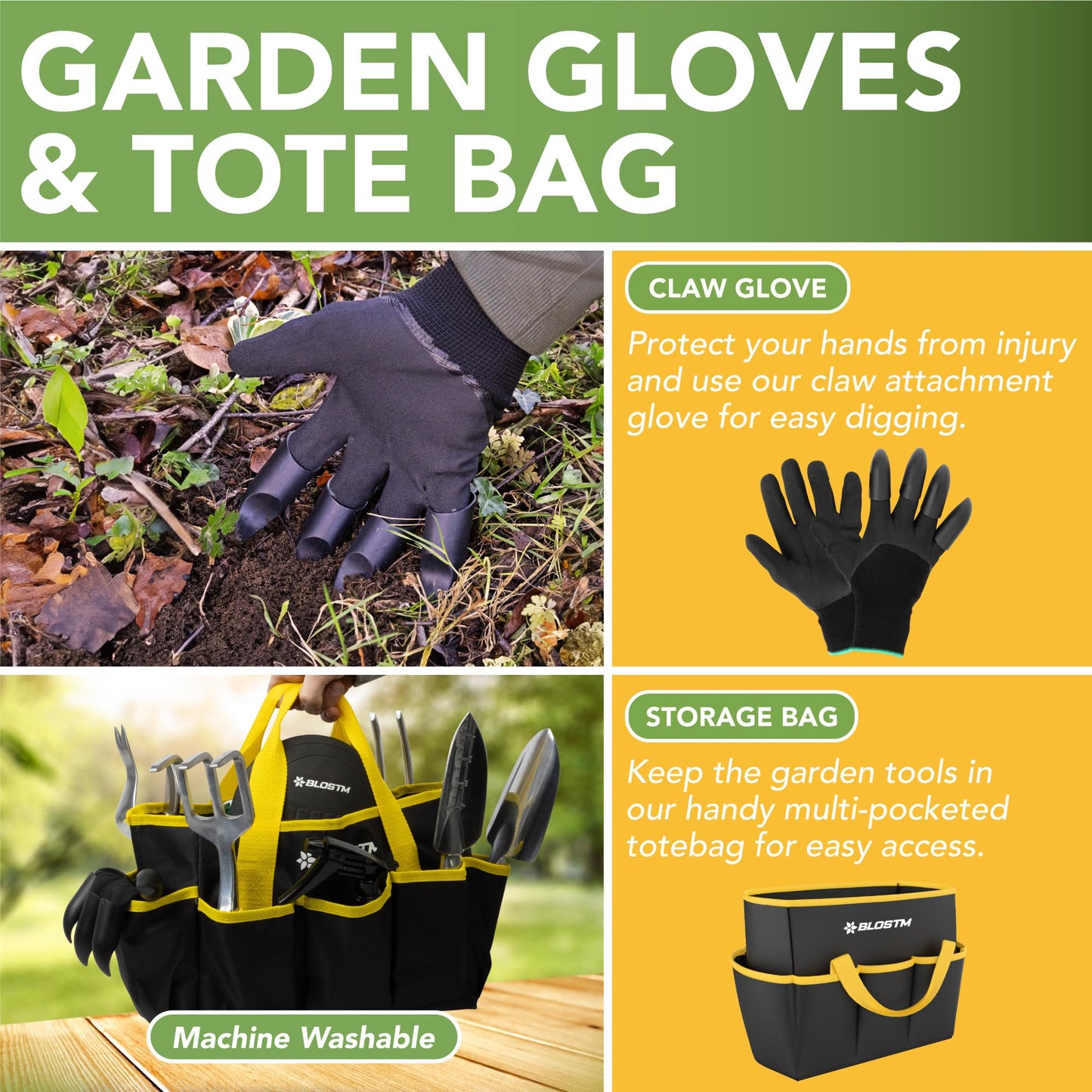 BLOSTM Gardening Tools Set 11 PCS - Heavy Duty Garden Tools for Gardening with Waterproof Tote Carrier Bag - Rust Proof Garden Hand Tools Set with Ergonomic Handles Gardening Gifts for Men & Women