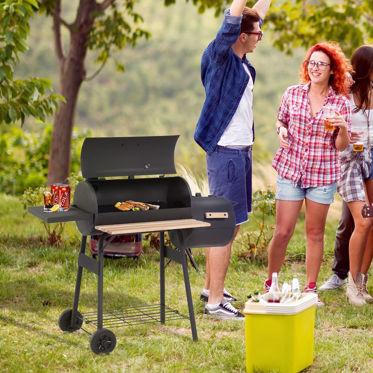 - Outsunny Charcoal Barbecue Grill | Offset Smoker | Barrel BBQ Trolley | 3 Storage Shelves -